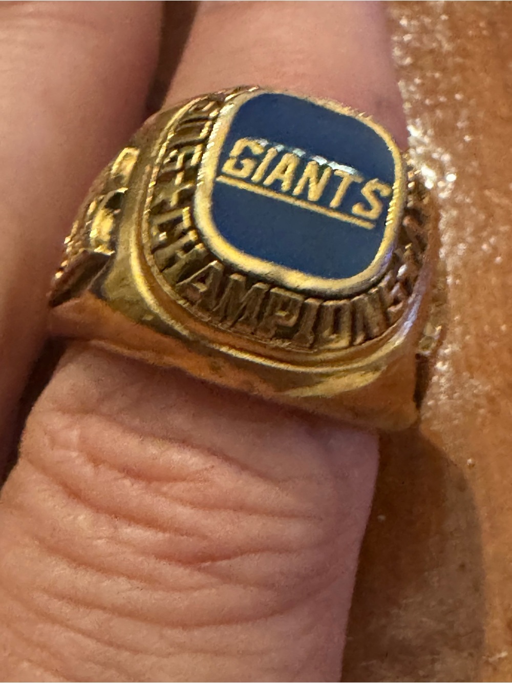 90’s NY Giants Gold-Tone 'Giants' Champion Style Superbowl Ring with Blue Enamel
